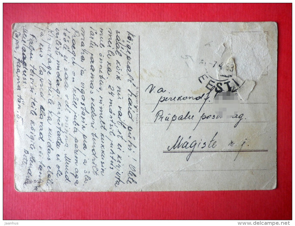 easter greeting card - bell - flowers - RTK 520 - circulated in Estonia 1933 - JH Postcards