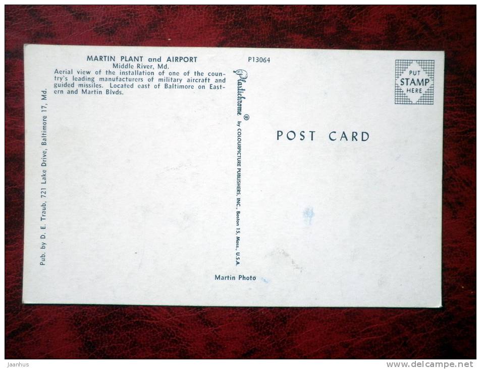 Martin Pland and Airport - Manufacturer of Military Aircrafts and Guided Missle - Middle River - Maryland - USA - unused - JH Postcards