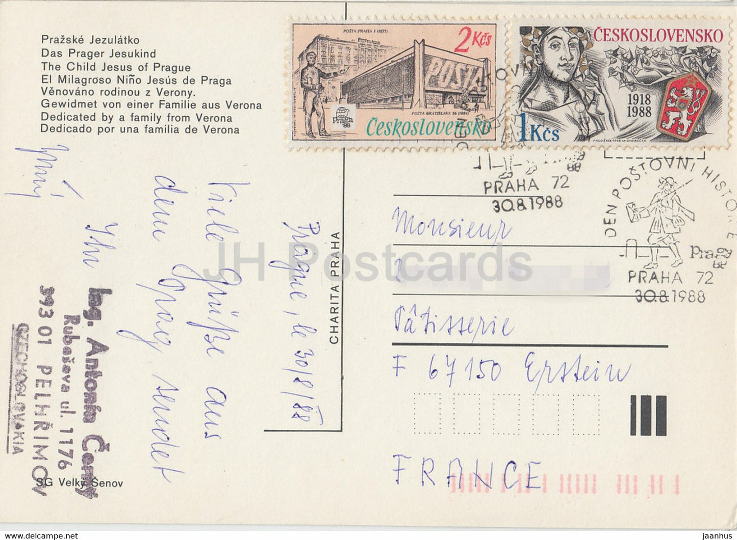 Prazske Jesulatko - The Child Jesus of Prague - Dedicatet by a Family from Verona - 1988 - Czechoslovakia - used