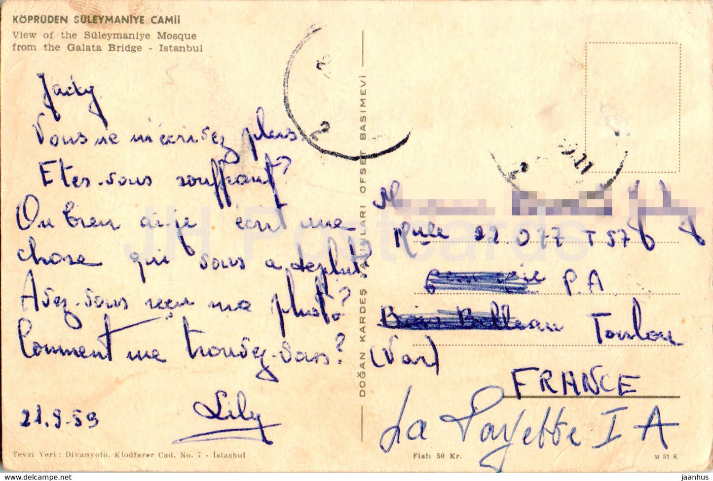 Istanbul - View of the Suleymaniye Mosque from Galata Bridge - ship - old postcard - 1959 - Turkey - used