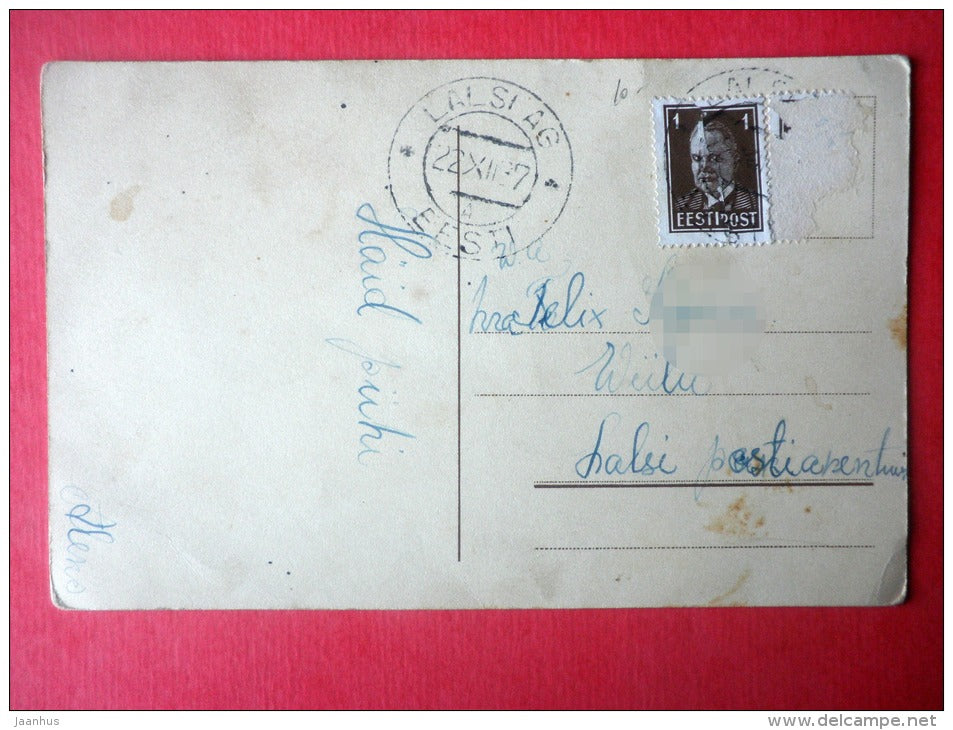christmas greeting card - couple - man and woman - gift - circulated in Estonia Lalsi 1937 - JH Postcards