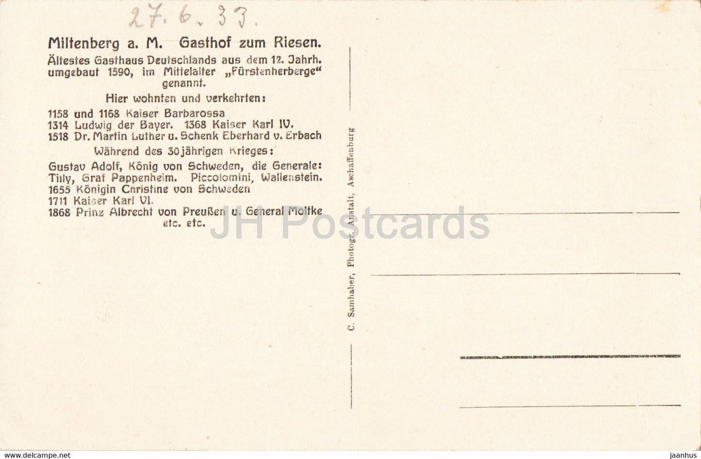 Miltenberg a M - Gasthof zum Riesen - old postcard - Germany - unused