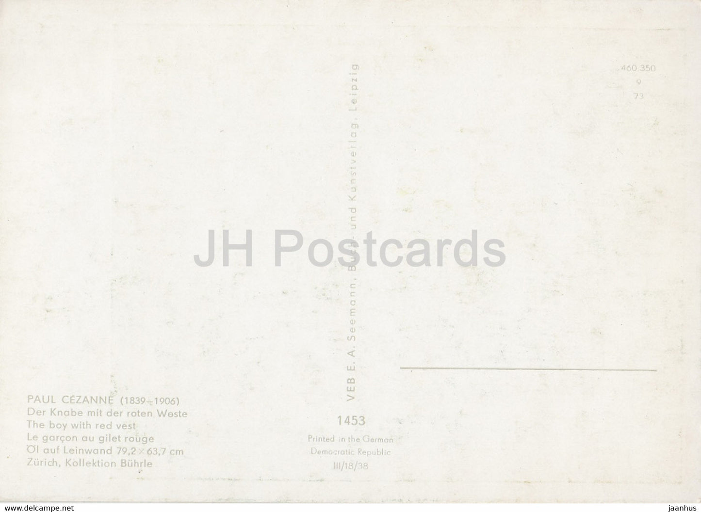 painting by Paul Cezanne - Der Knabe mit der roten Weste - The boy with red vest - French art - Germany DDR - unused