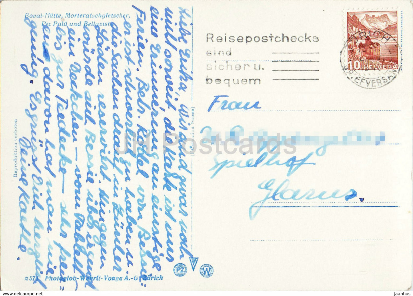 Boval Hutte - Morteratschgletscher - Piz Palu und Bellavista - 574 - carte postale ancienne - 1953 - Suisse - utilisé