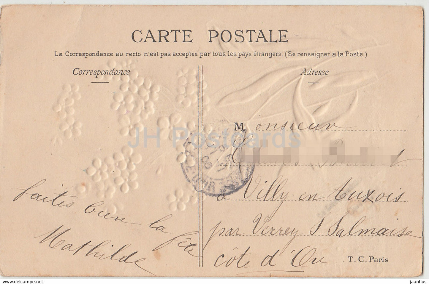 blue flowers - Souvenir - Ne m'oubliez pas - illustration - old postcard - France - used