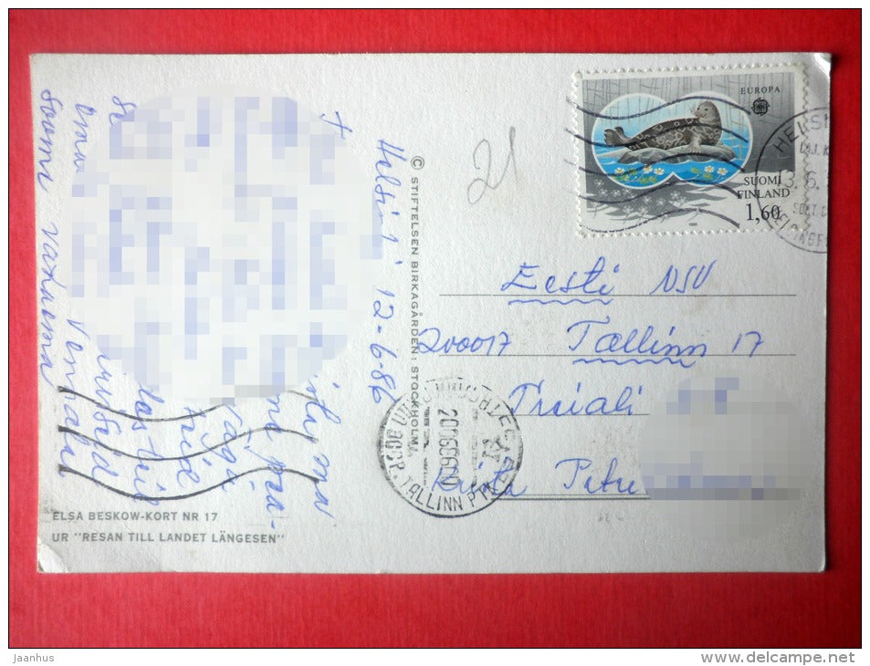 illustration by Elsa Beskow - girl - sheep - lamb - Nr 17 - Sweden - sent from Finland Helsinki to Estonia USSR 1986 - JH Postcards