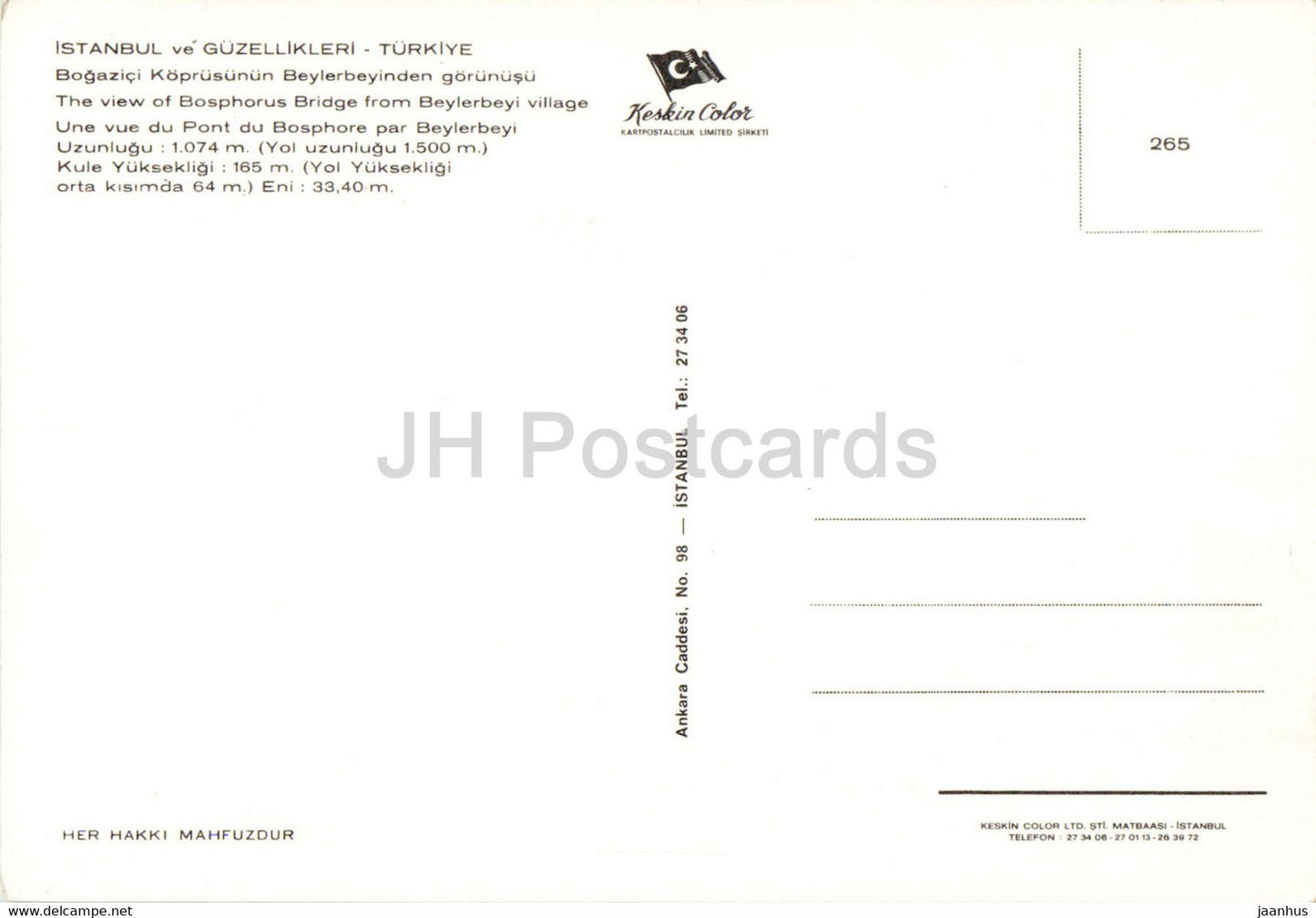 Istanbul - The view of Bosphorus Bridge from Beylerbey village - 265 - Keskin Color - Turkey - unused