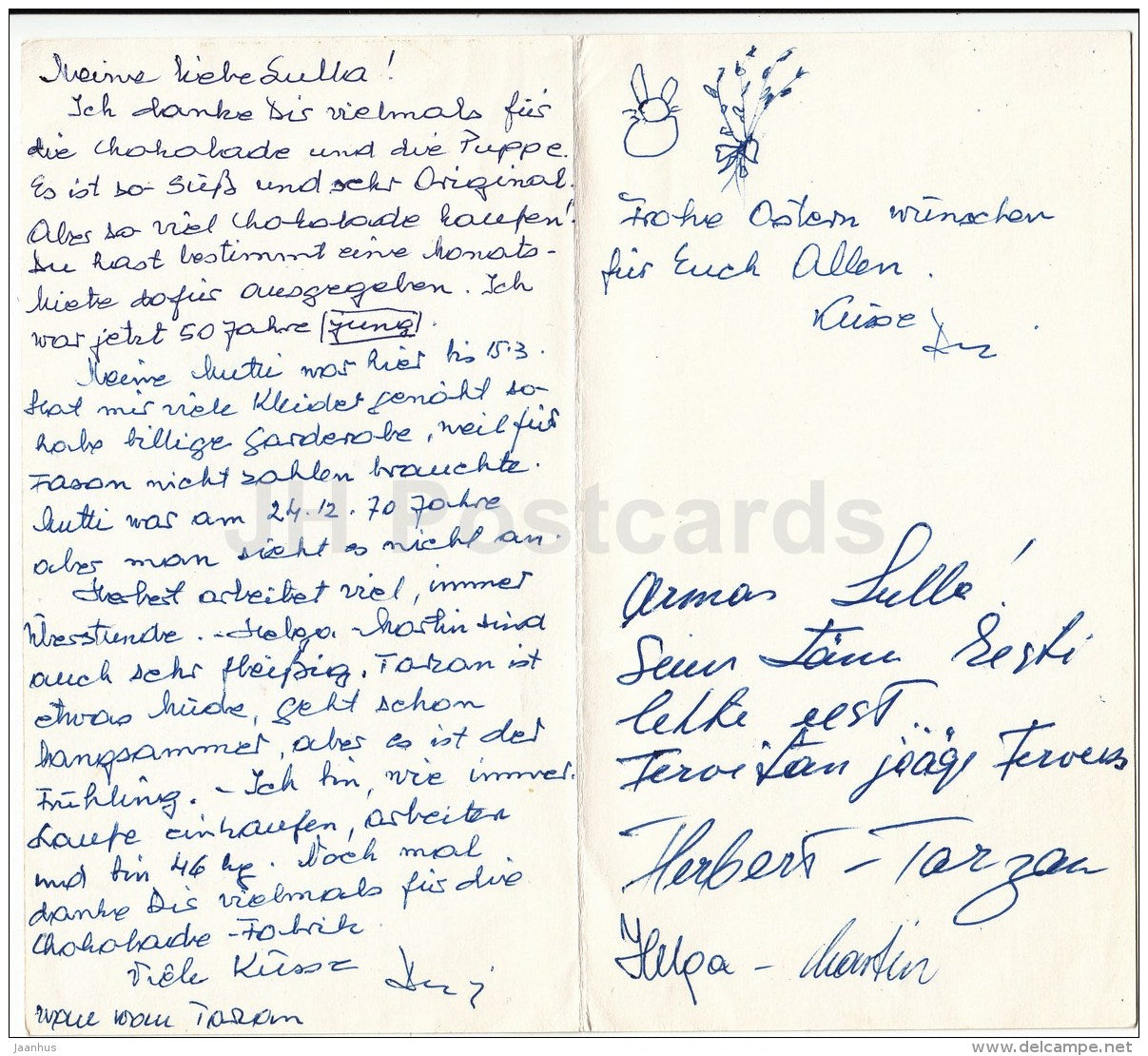 Easter Greeting Card - Ein Frohes Osterfest - hare - chicken - accordion - 1980s - Germany - used - JH Postcards