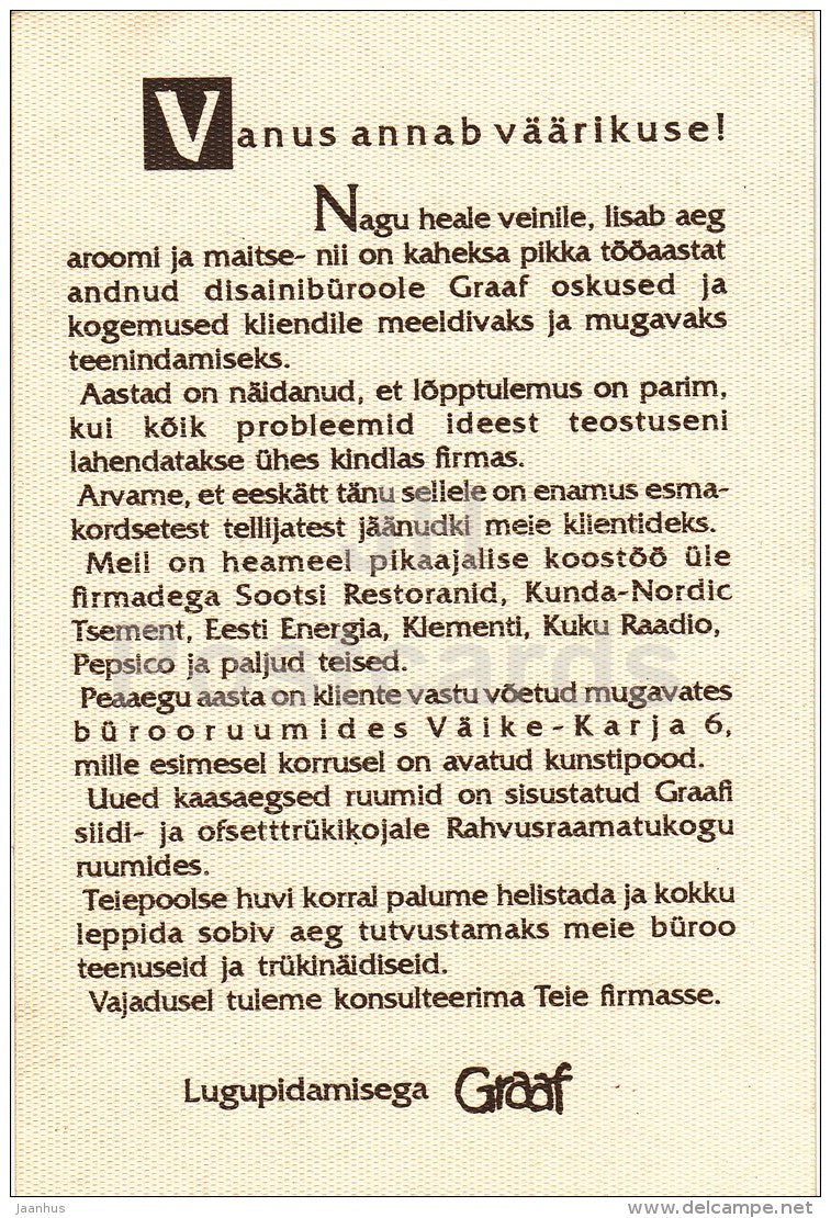 Advertising Card - design company Graaf - 1990s - Estonia - unused - JH Postcards