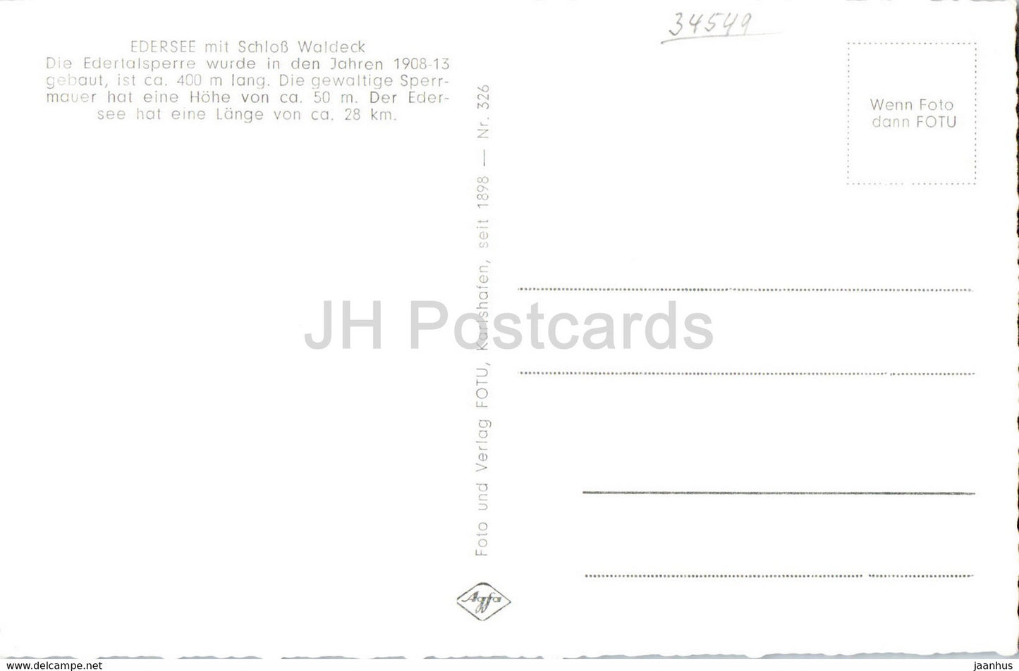 Edersee mit Schloss Waldeck - old postcard - Germany - unused