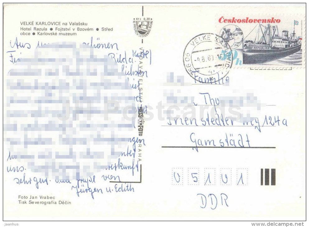Velke Karlovice - hotel Razula - Fojtstvi v Bzovem - museum - Czechoslovakia - Czech - used 1989 - JH Postcards