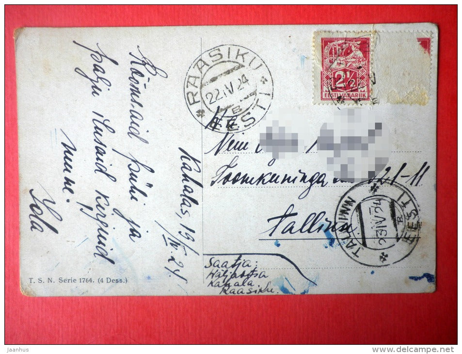 illustration by Wilh Eilers - still life - cake - tea set - book - T. S. N. - Serie 1764 - circulated in Estonia 1924 - JH Postcards