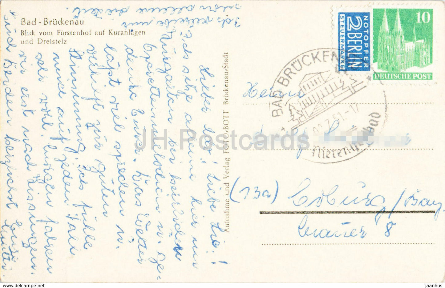 Bad Bruckenau - Blick vom Furstenhof auf Kuranlagen und Dreistelz - carte postale ancienne - 1951 - Allemagne - utilisé