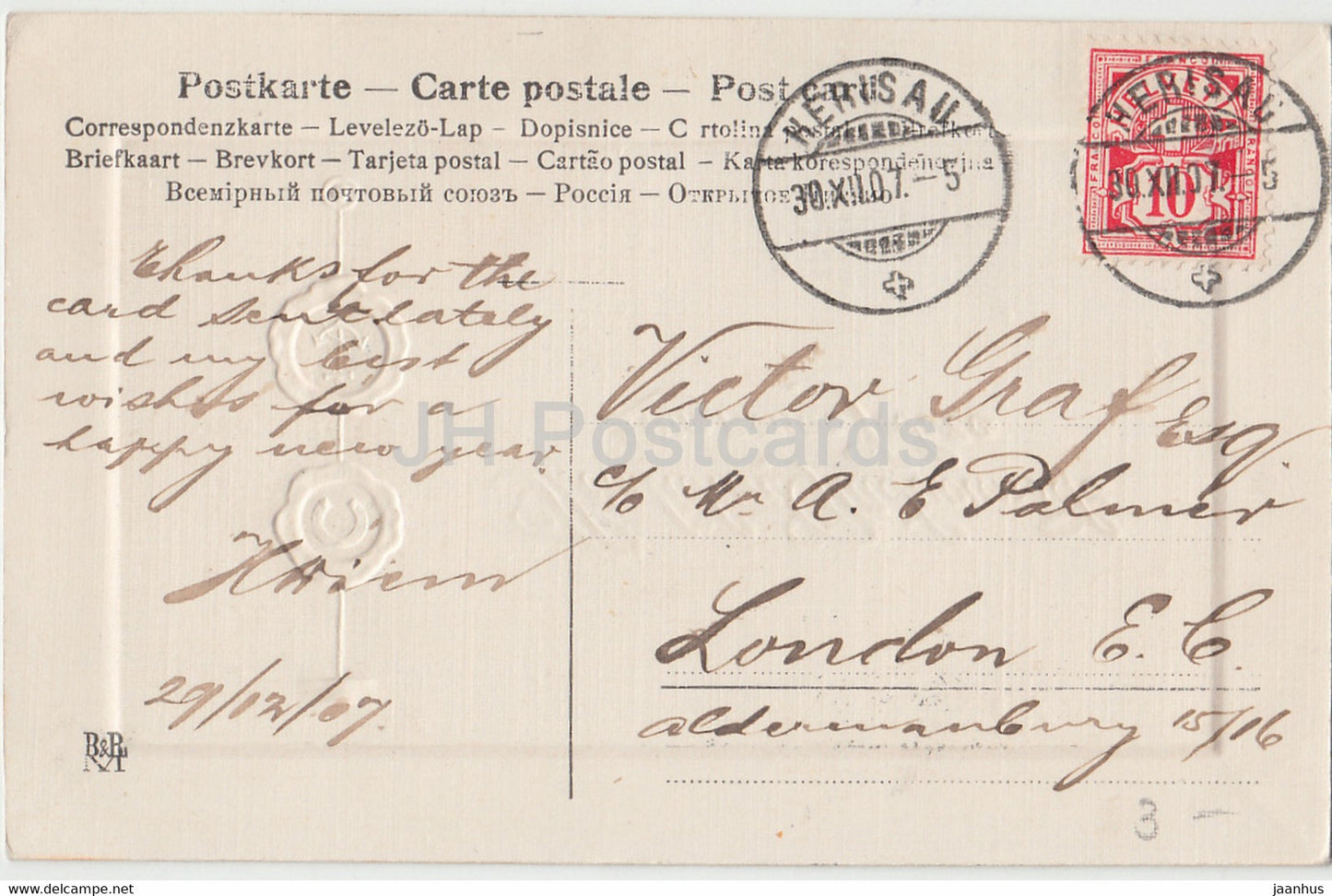 New Year Greeting Card - Herzlichen Gluckwunsch zum Neuen Jahre - BR - old postcard - 1907 - Germany - used