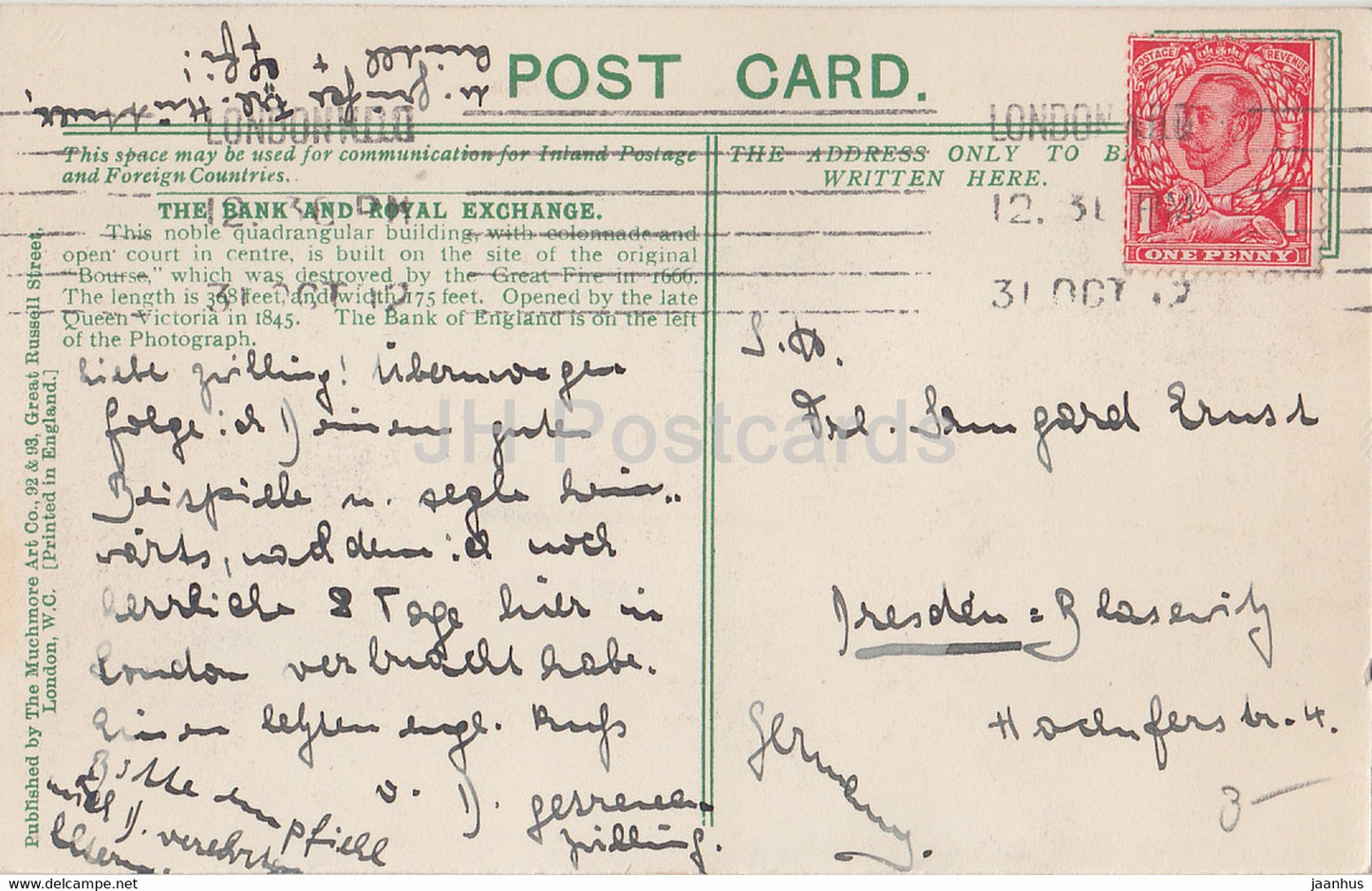 Londres - The Bank and Royal Exchange - voiture - bus - Muchmore - 7872 - carte postale ancienne - Angleterre - Royaume-Uni - utilisé