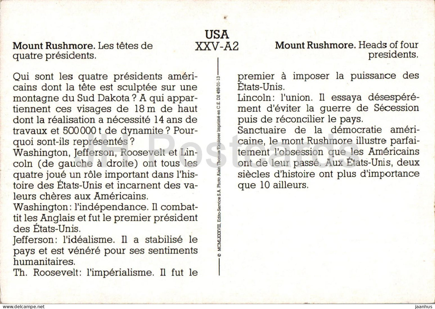 Mont Rushmore - Têtes de quatre présidents - A2 - USA - inutilisé