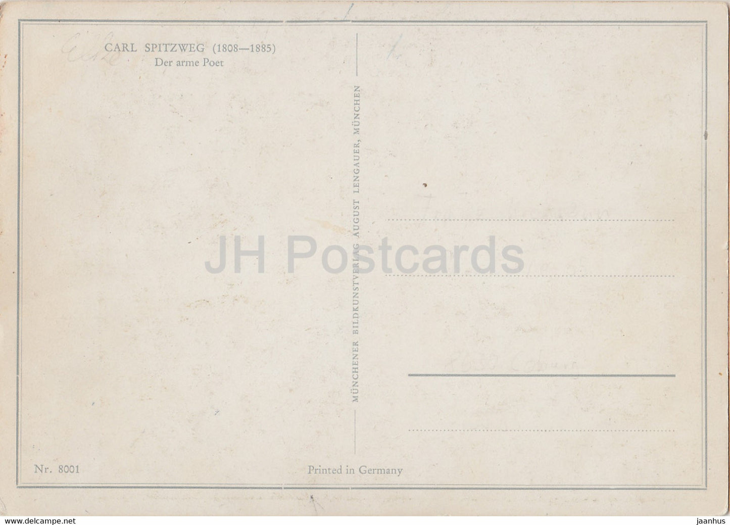 Gemälde von Carl Spitzweg – Der arme Poet – Regenschirm – 8001 – alte Postkarte – deutsche Kunst – Deutschland – unbenutzt