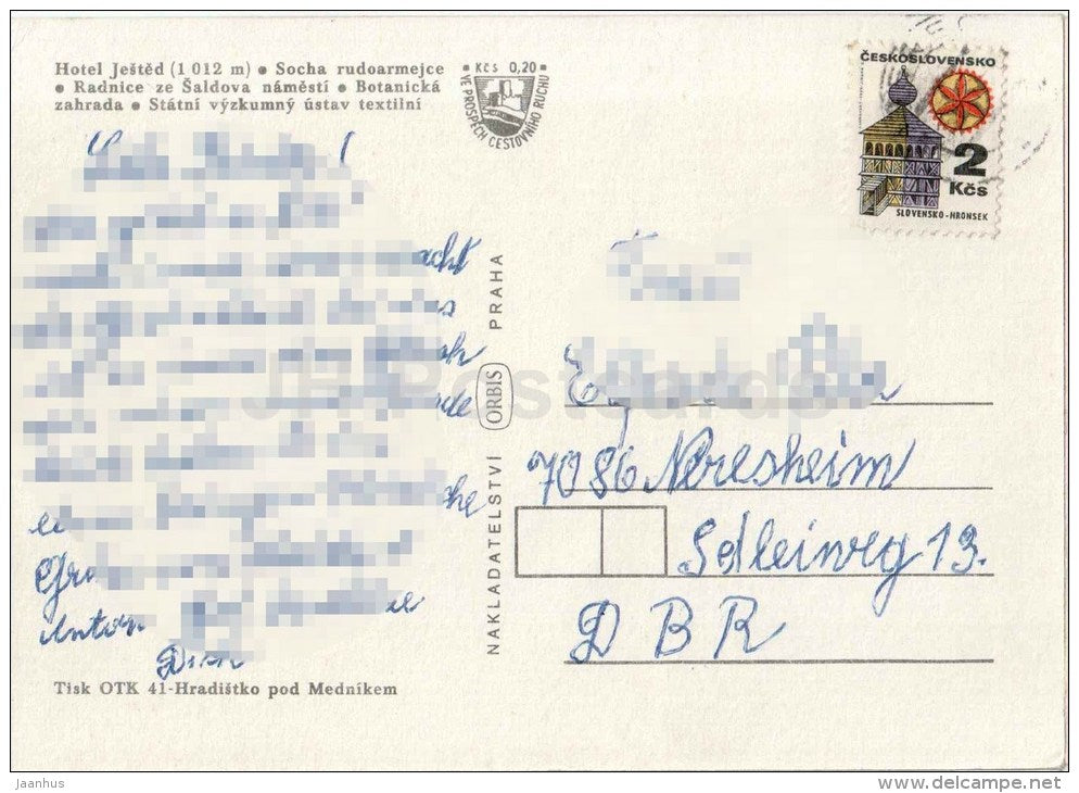 hotel Ješted - statue of a Red Army soldier - Town Hall - Liberec - Czechoslovakia - Czech - used - JH Postcards