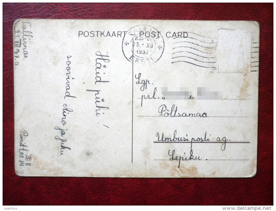 Christmas Greeting Card - kid with mother - christmas tree - WO 1110 - circulated in 1937 - Estonia - used - JH Postcards