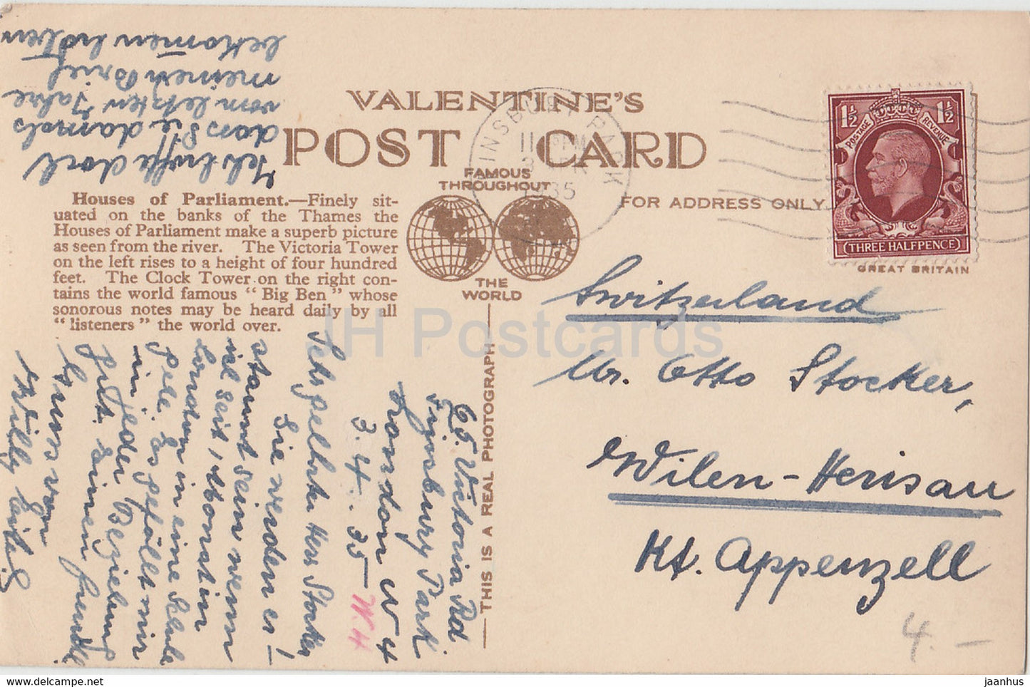 London - Houses of Parliament - steamer boat - Valentine - 98998 - old postcard - 1935 - England - United Kingdom - used