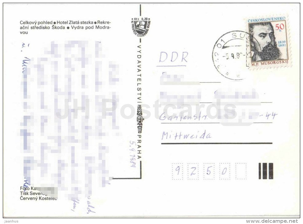 Sumava Modrava - hotel Zlata stezka - recreation center - Vydra river - Czechoslovakia - Czech - used 1989 - JH Postcards