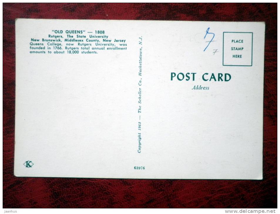 Old Queens 1808 - Rutgers, The State University - New Brunswick - Middlesex County - New Jersey - 1963 - USA - unused - JH Postcards