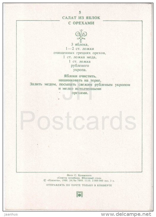 salad with apples and walnuts - Apple Dishes - Russian Cuisine - 1988 - Russia USSR - unused - JH Postcards