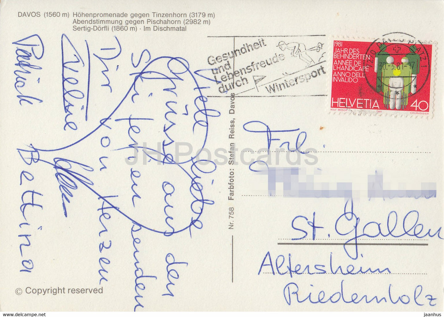 Davos 1560 m - Hohenpromenade gegen Tinzenhorn - Pischahorn - Sertig Dorfli - 758 - 1981 - Suisse - d'occasion