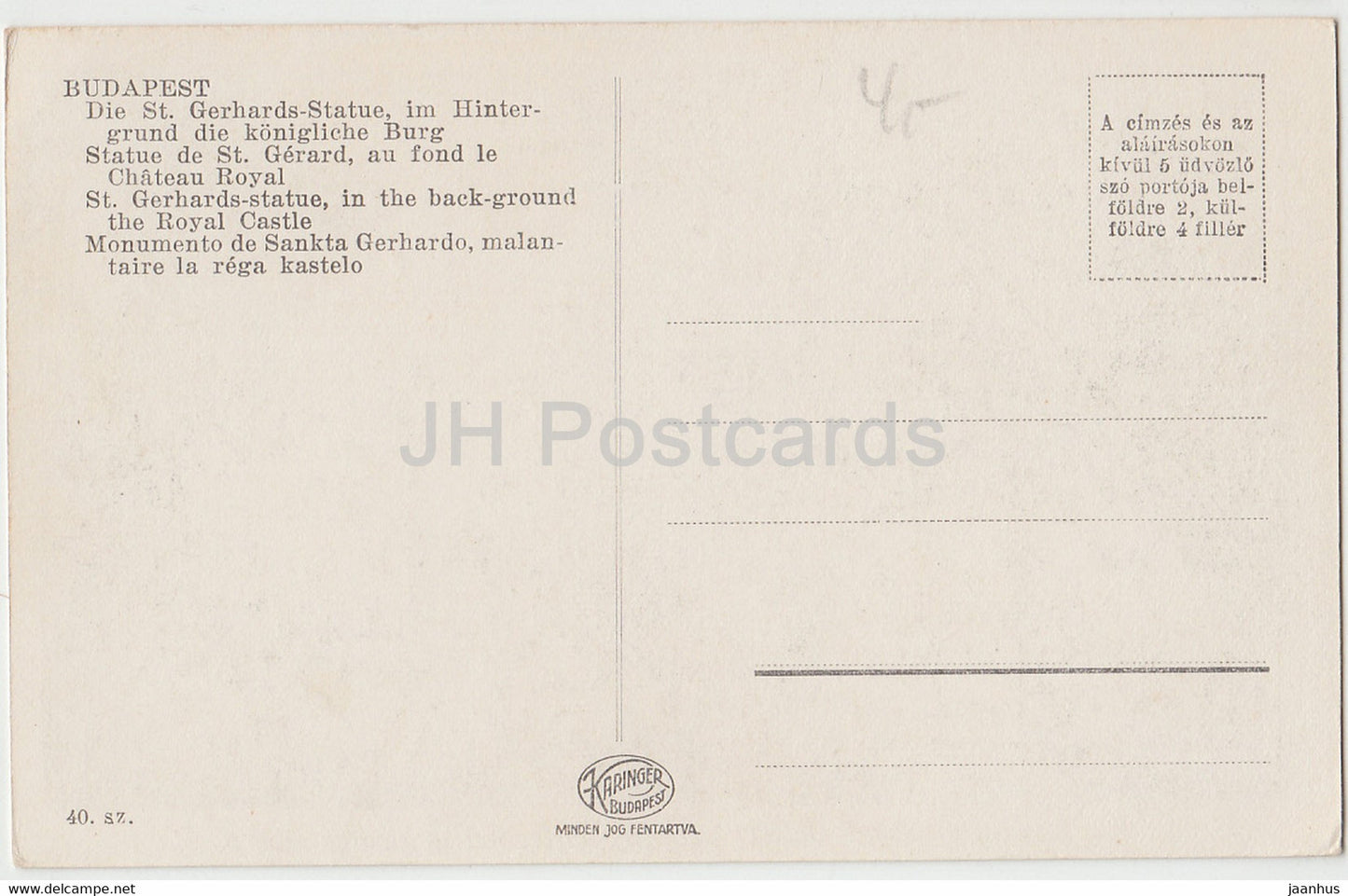 Budapest - Szent Gellert szobra hatterben a Kiralyi varral - old postcard - Hungary - unused