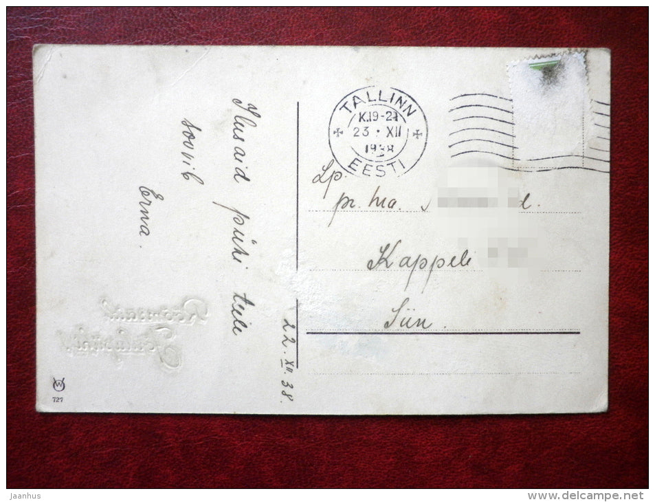 Christmas Greeting Card - christmas bell - spruce branches - WO 727 - circulated in 1938 - Estonia - used - JH Postcards