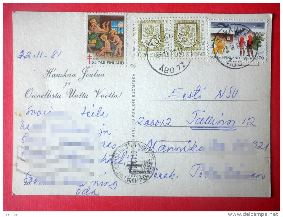 Christmas Greeting Card - Santa Claus - sledge - gifts - Finland - sent from Finland Turku to Estonia USSR 1981 - JH Postcards