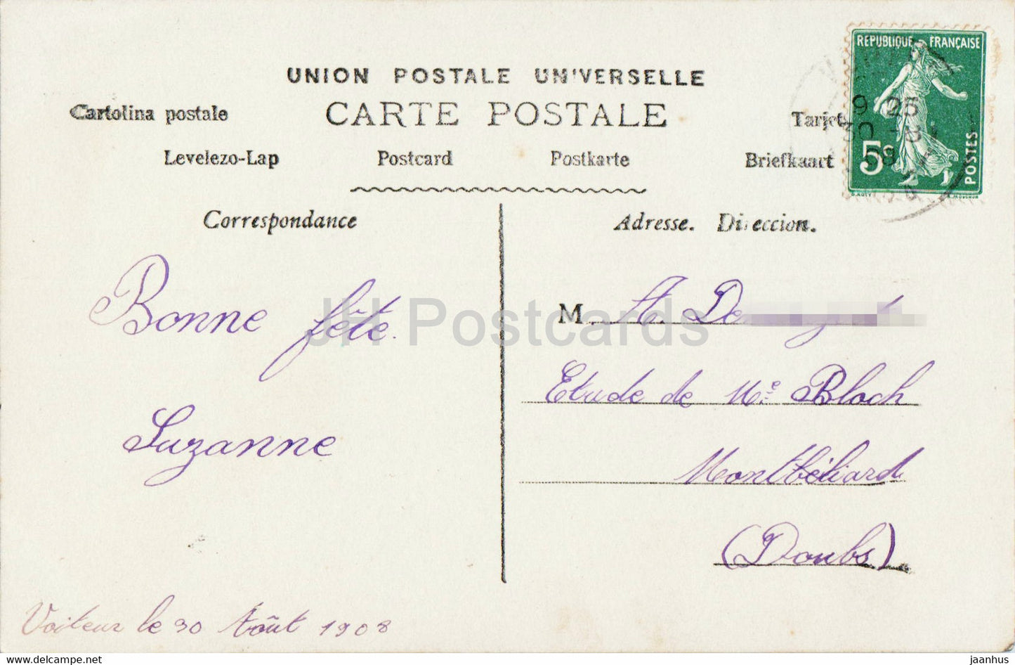 Greeting Card - Bonne Fete - 614 - girl - old postcard - 1908 - France - used