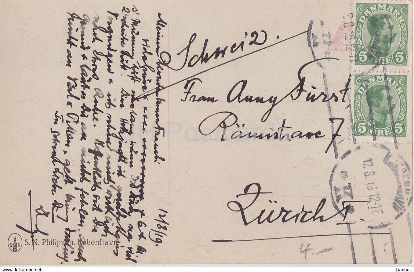 Copenhagen - Kobenhavn - Raadhuspladsen - tram - 12 - old postcard - 1919 - Denmark - used