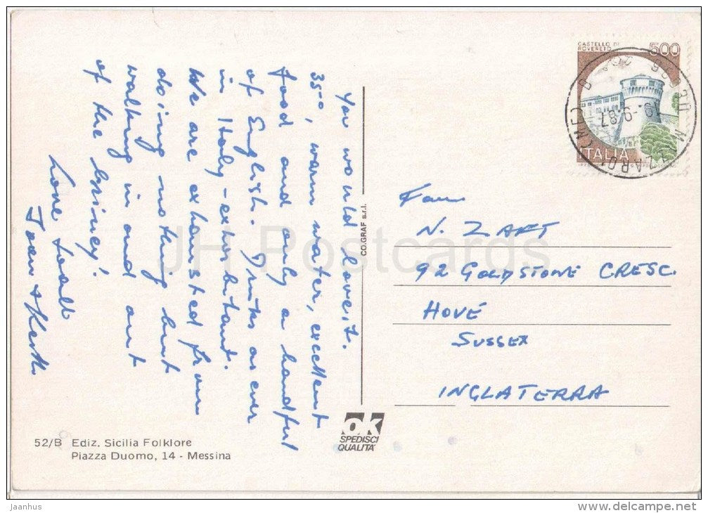 Saluti da Taormina - Taormina - Sicilia - 52/B - Italia - Italy - sent from Italy to England 1987 - JH Postcards
