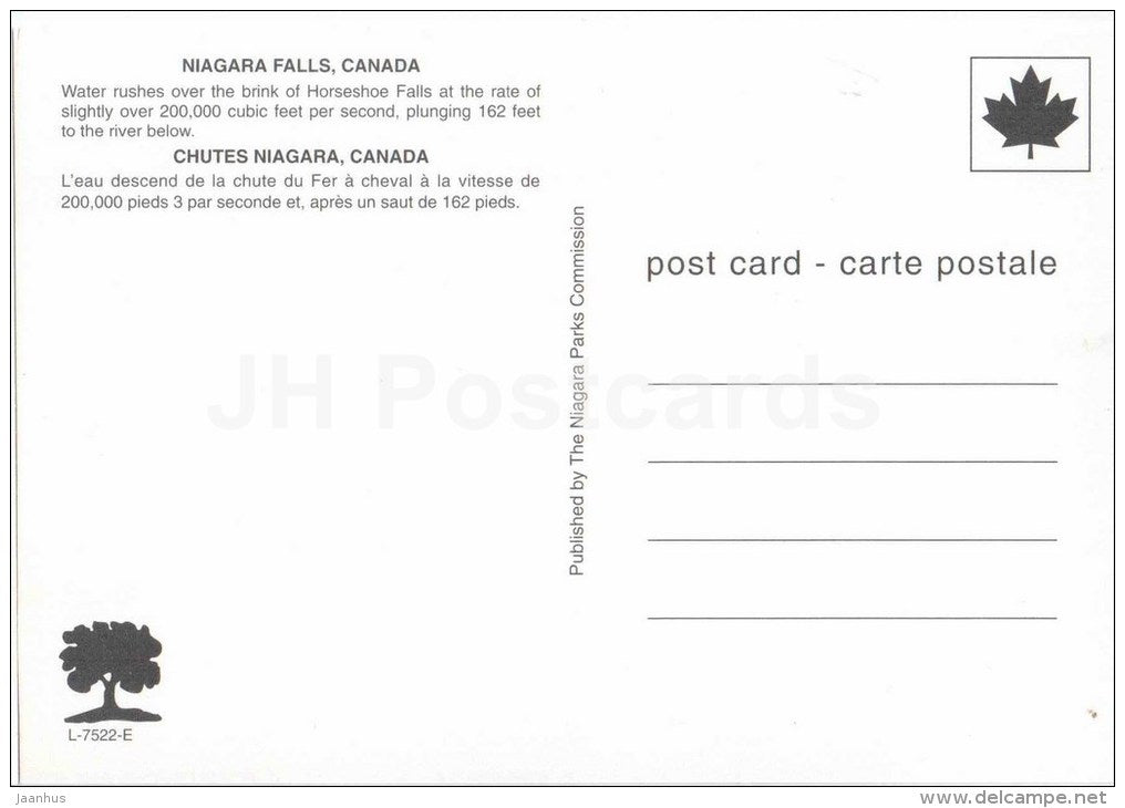 water rushes over the brink of Horseshoe Falls - waterfall - Niagara Falls - Canada - unused - JH Postcards