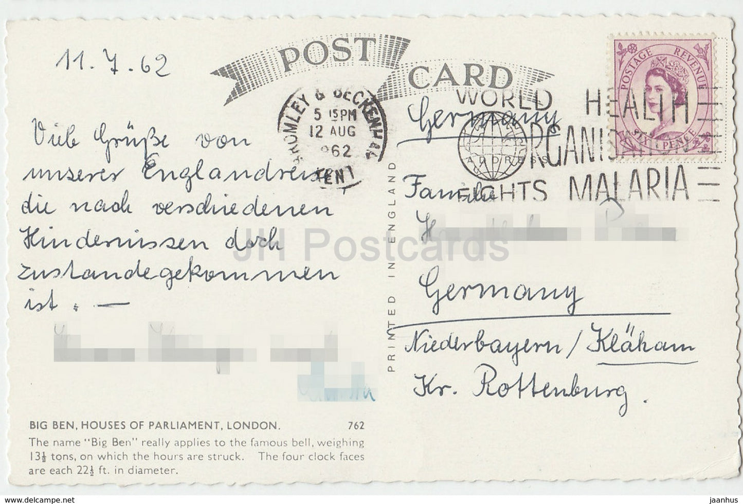 London - Big Ben - Houses of Parliament - 762 - 1962 - United Kingdom - England - used