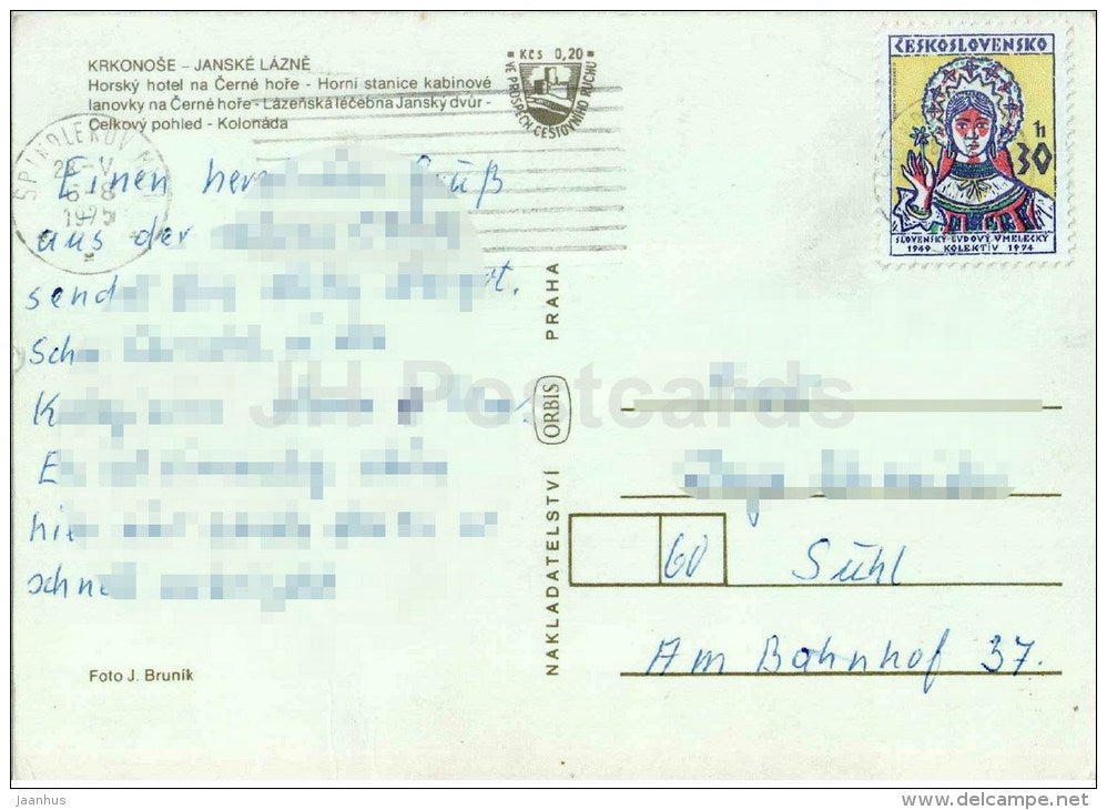 mountain hotel - Healing spa Jansky dvur - colonnade - Krkonoše - Janske Lazne - Czech - Czechoslovakia - used - JH Postcards