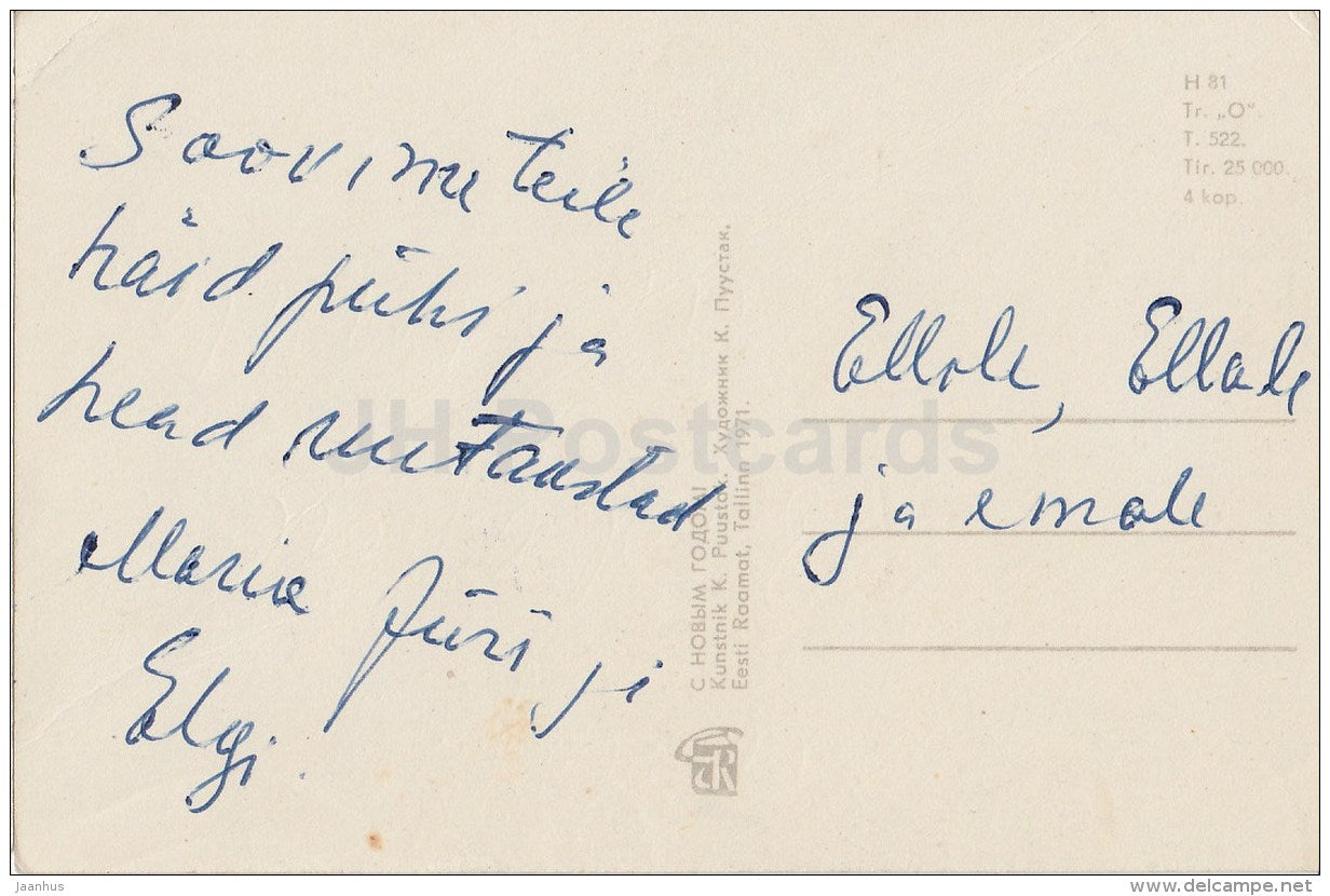 New Year Greeting card - illustration by K. Puustak - candles - 1971 - Estonia USSR - used - JH Postcards