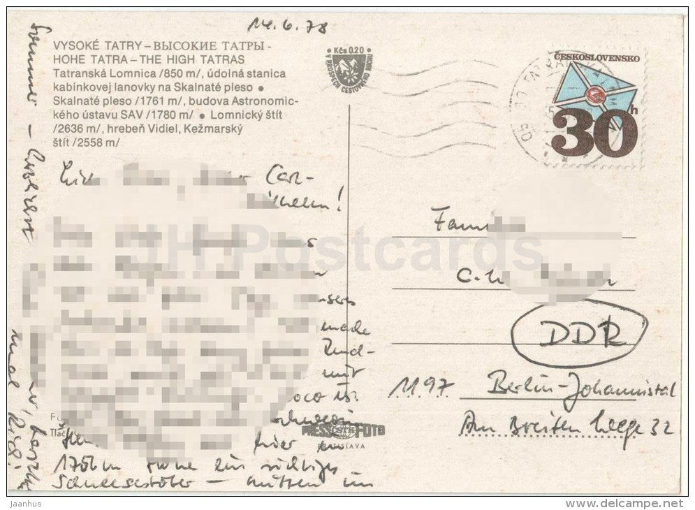 Tatranska Lomnica - Skalnate Pleso - cable car - Vysoke tatry - observatory - Czechoslovakia - Slovakia - used 1978 - JH Postcards
