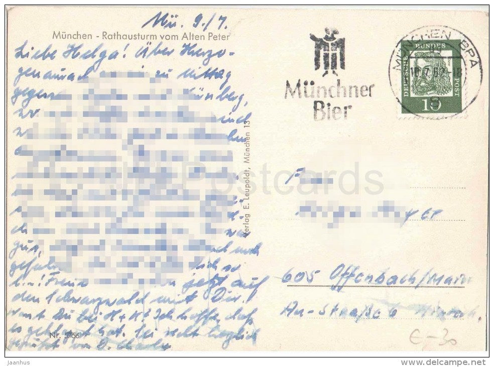 München - Rathausturm vom Alten Peter - town hall - 1962 gelaufen - JH Postcards