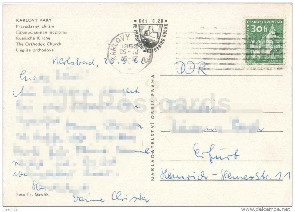Karlovy Vary - Karlsbad - spa - The Orthodox Church - Czechoslovakia - Czech - used 1962 - JH Postcards