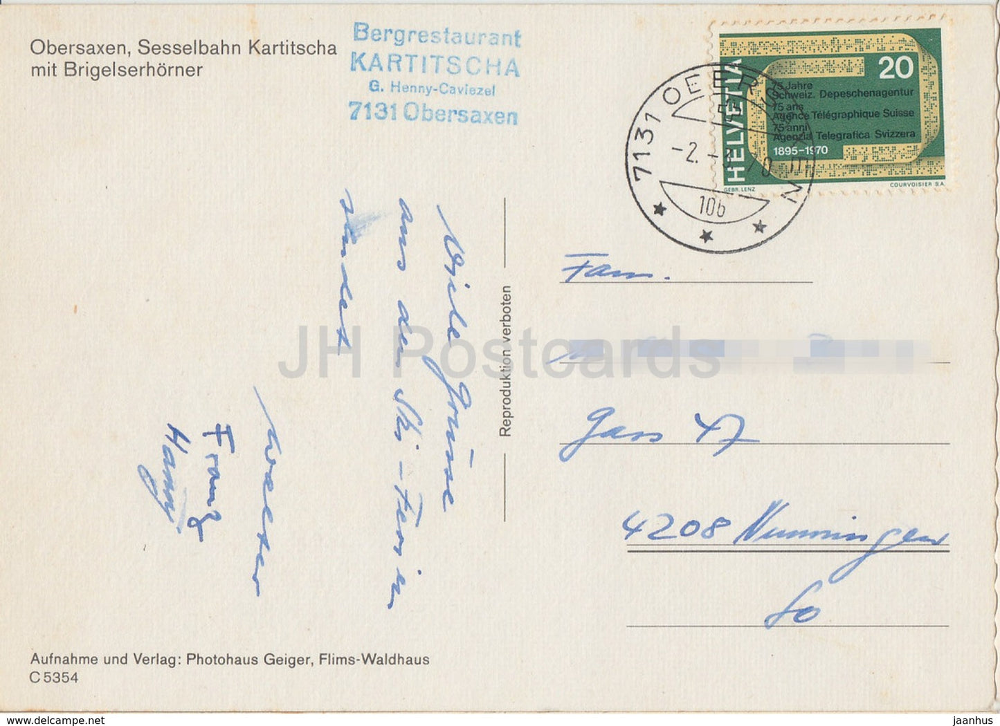 Obersaxen - Sesselbahn - Kartitscha mit Brigelserhorner - cable car - 5354 - 1970 - Switzerland - used