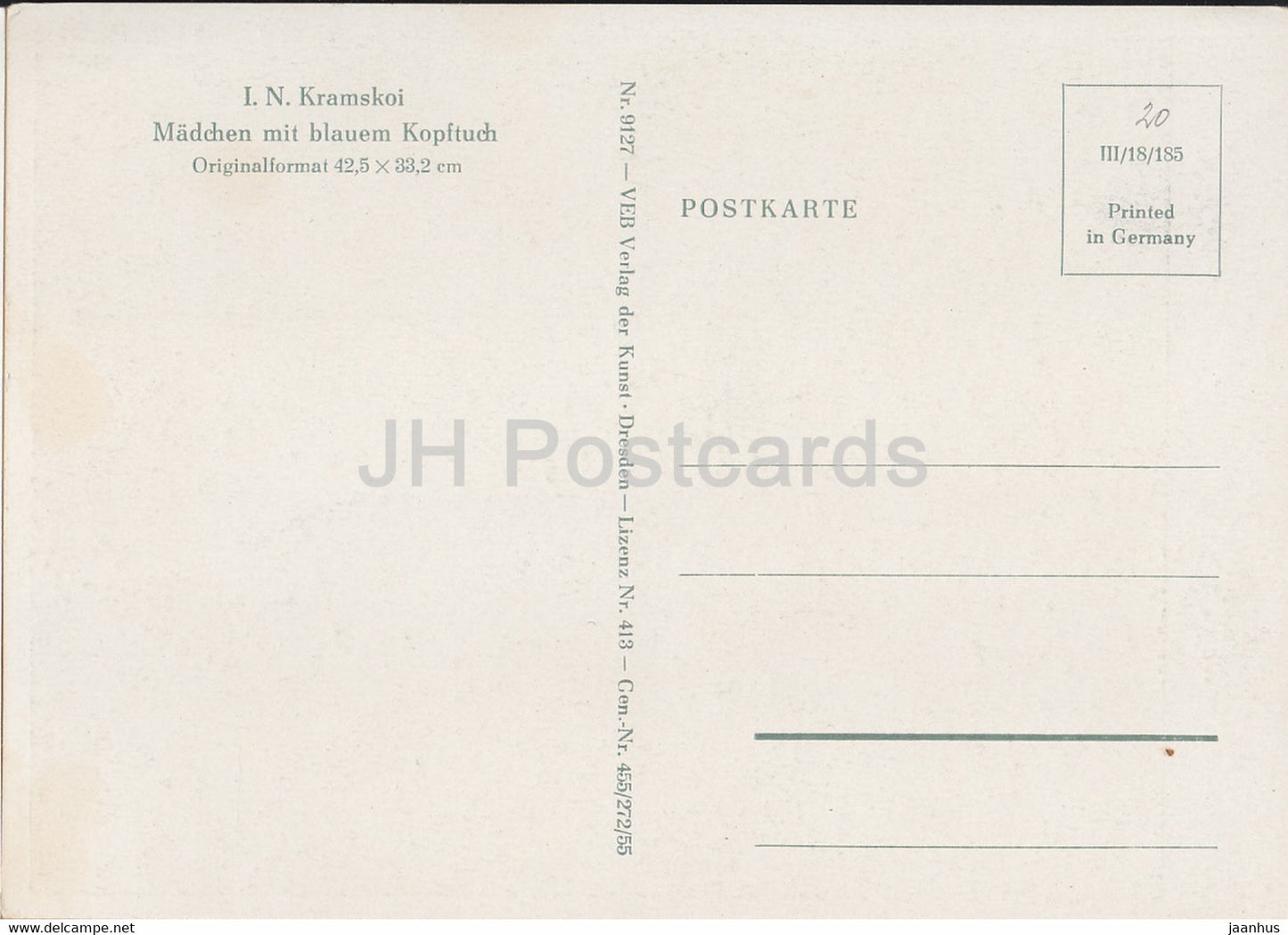 peinture de I Kramskoi - Madchen mit blauem Kopftuch - Art russe - Allemagne - inutilisé
