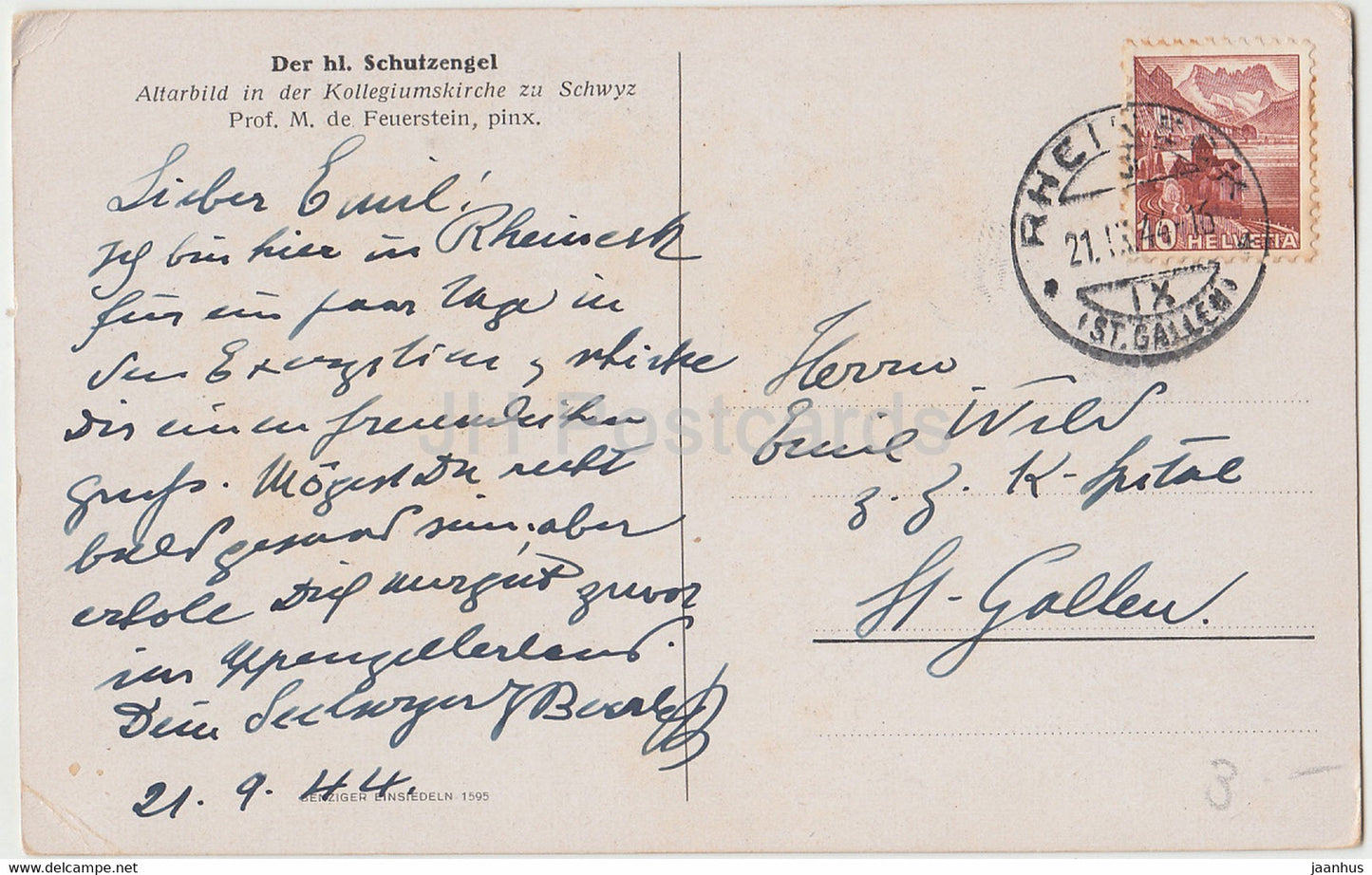 Der hl Schutzengel - Altarbild in der Kollegiumskirche zu Schwyz - Feuerstein - Kunst - alte Postkarte - 1944 - gebraucht