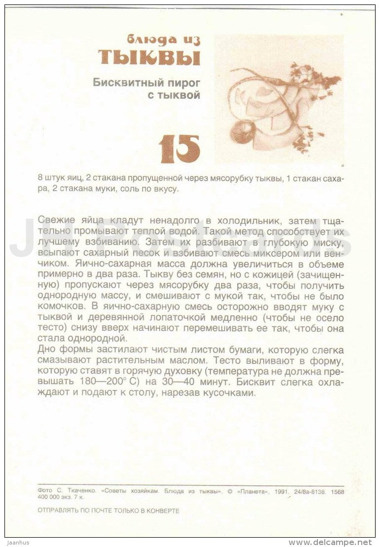 Sponge cake with pumpkin - Dishes from Pumpkin - recepies - 1991 - Russia USSR - unused - JH Postcards