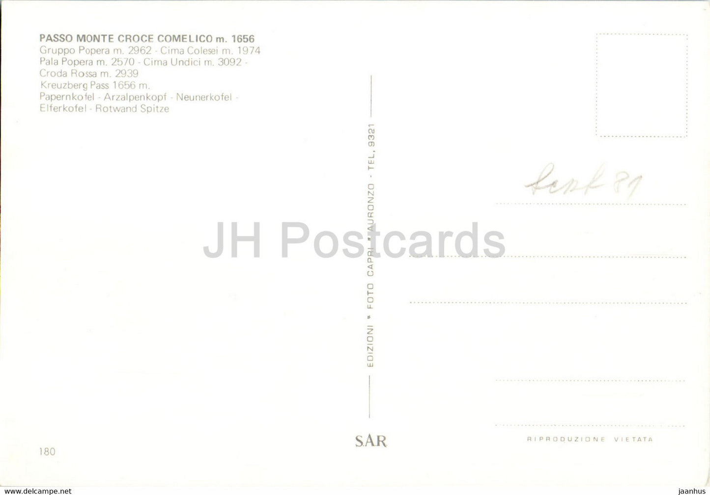 Passo Monte Croce Comelico 1656 m - Gruppo Popera - Cima Colesei - Pala Popera -180 - Italien - unbenutzt