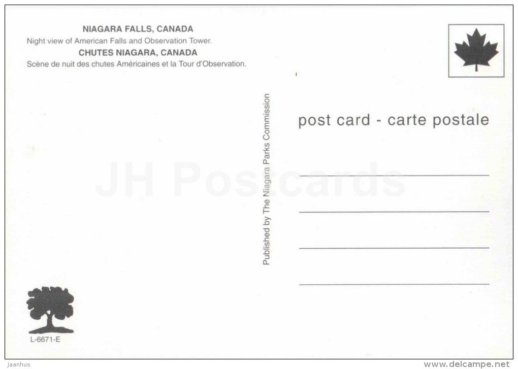 night view of American Falls and Observation Tower - waterfall - Niagara Falls - Canada - unused - JH Postcards
