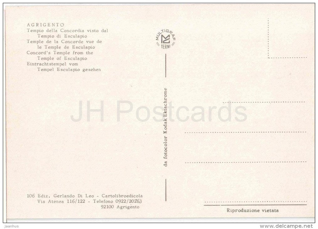 Tempio della Concordia , Tempio di Esculapio - temple - Agrigento - Sicilia - 106 - Italia - Italy - unused - JH Postcards