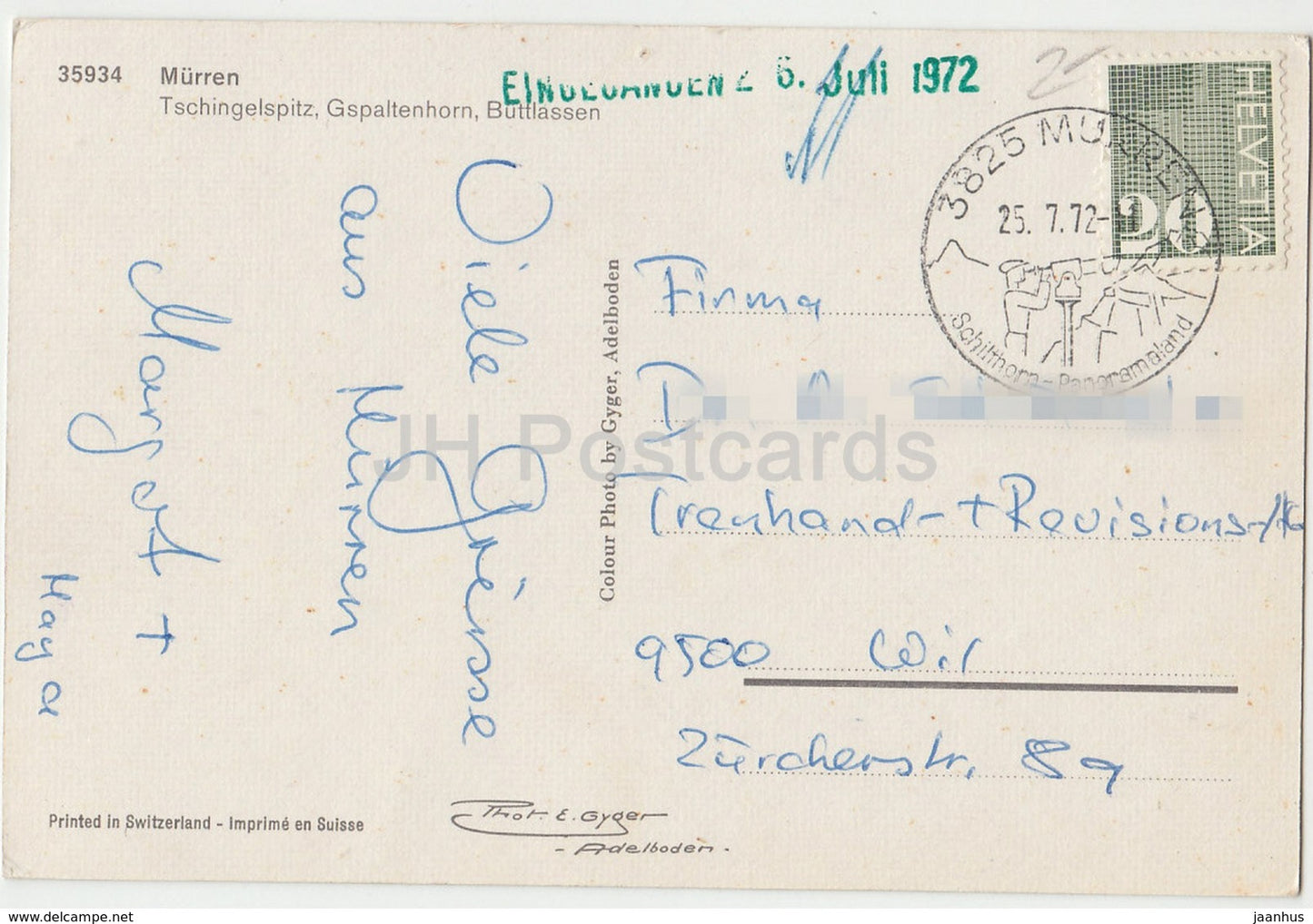 Murren - Tschingelspitz - Gspaltenhorn - Buttlassen - 35934 - Suisse - 1972 - d'occasion