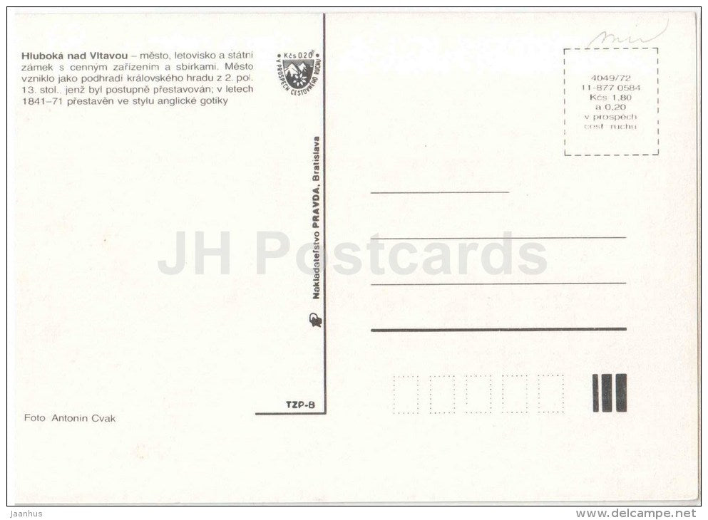 Hluboka nad Vltavou - castle - hotel- architecture - Czechoslovakia - Czech - unused - JH Postcards